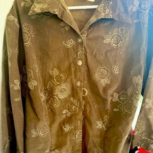 Fresh Produce Brown corduroy button down shirt w/flowers- Size 2X - excellent
